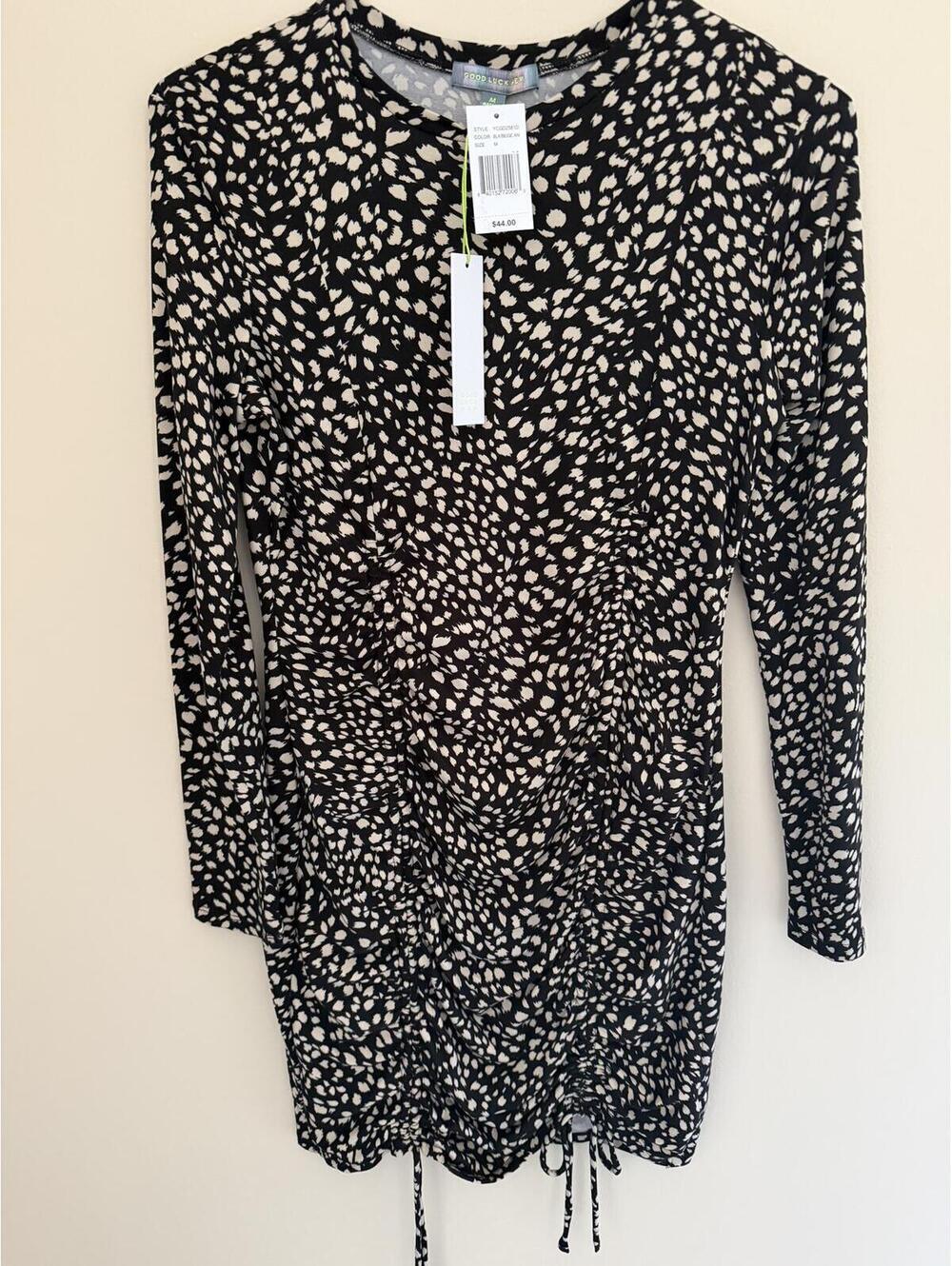 M Super Soft Cinchable Dress, beige/black, long sleeves, NWT